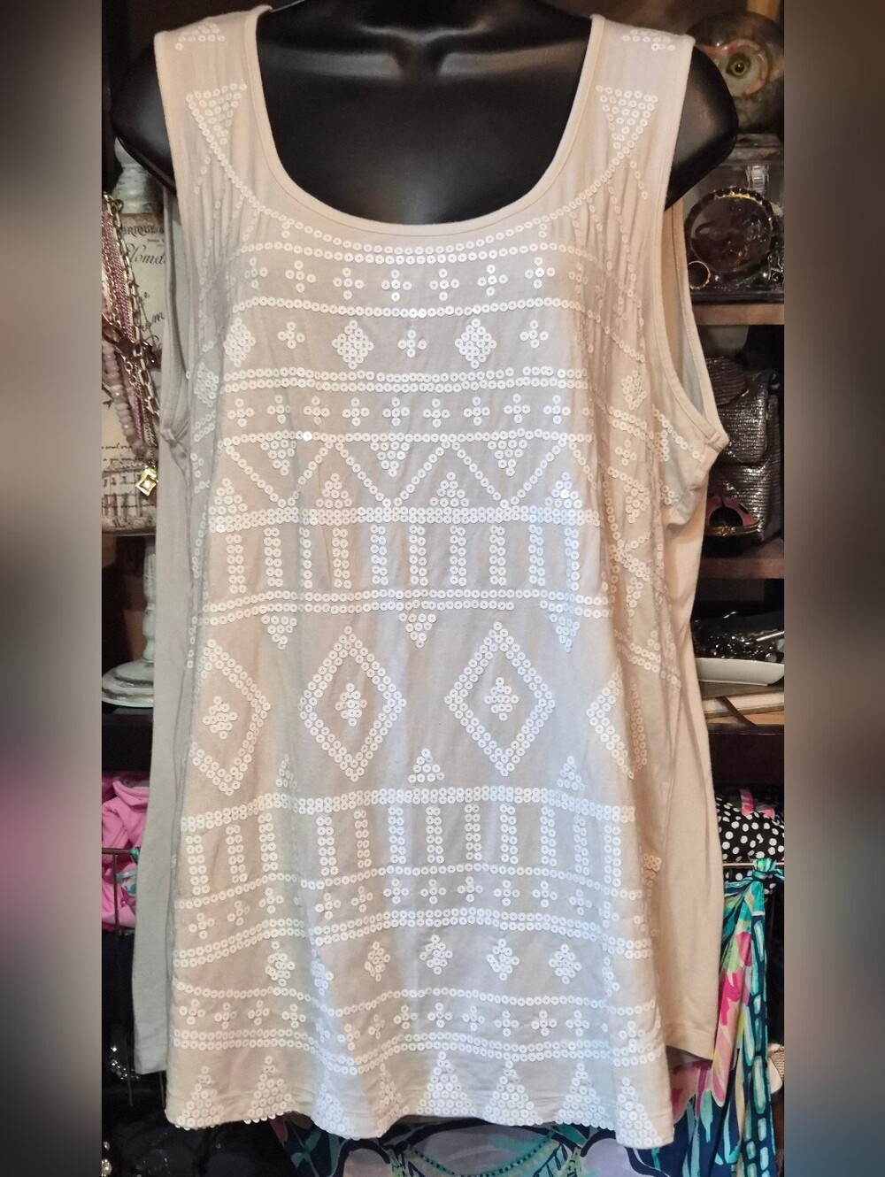 By Chicos 3 Tank Top Beige White Sequin Stretch Scoop Neck Sleeveless